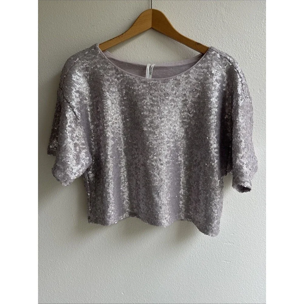 Anthropologie Lilac Sequin Boxy Crop Top - Picture 3 of 10
